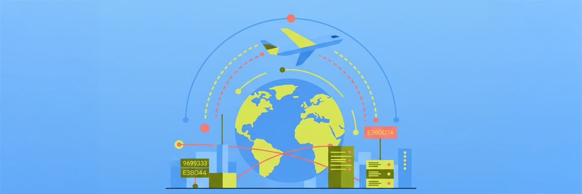 Ilustración de una interfaz de usuario de vuelos sobre un fondo abstracto